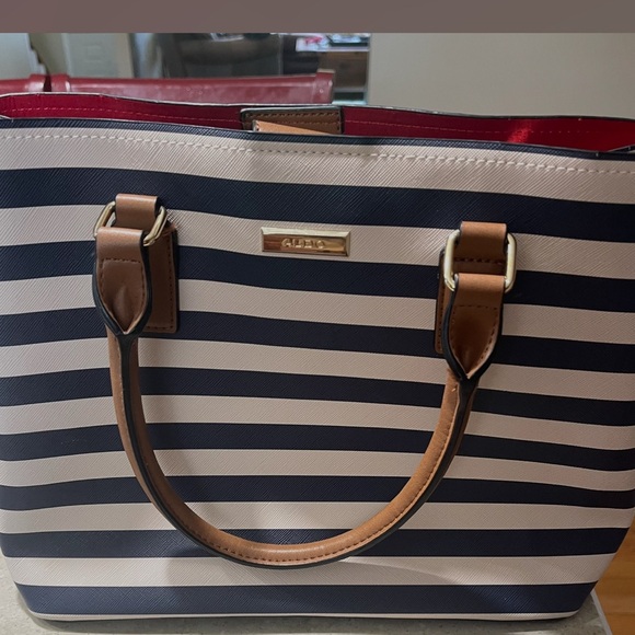 Aldo Navy and Cream Striped Tote with Brown Handles - Picture 1 of 14